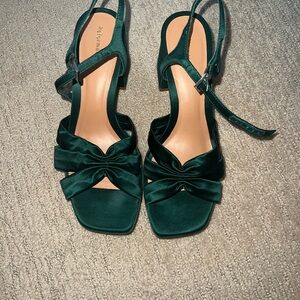 Reformation Emerald Satin Knotted Slingback Heels